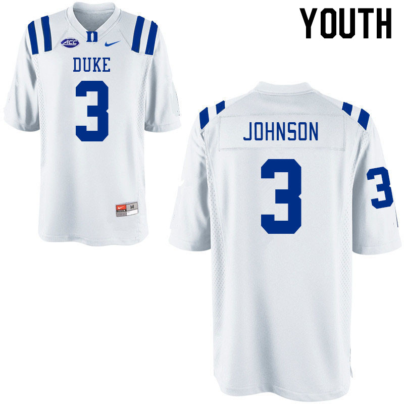 Youth #3 Brandon Johnson Duke Blue Devils College Football Jerseys Stitched-White - Click Image to Close